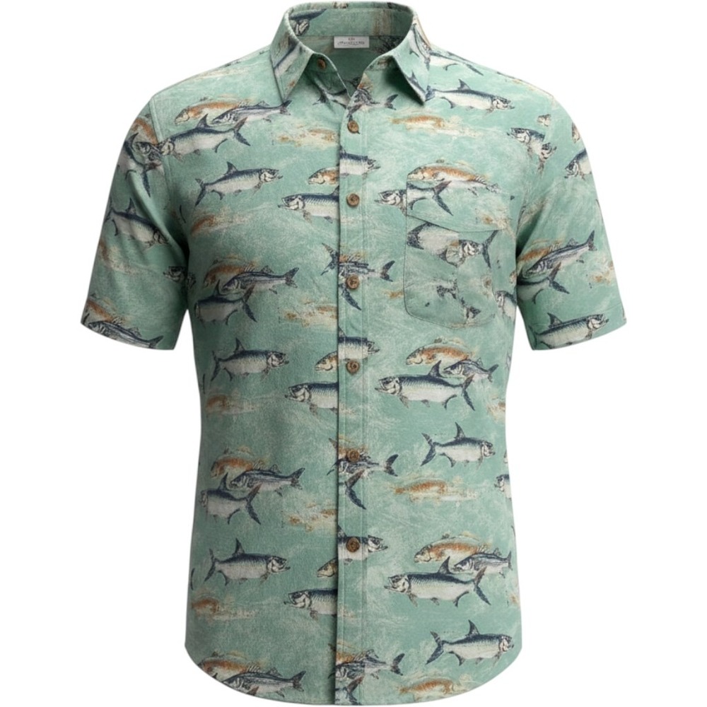 Reel Legends Mens Fish Print Fishing Shirt Short Sleeve Cotton Green Medium
